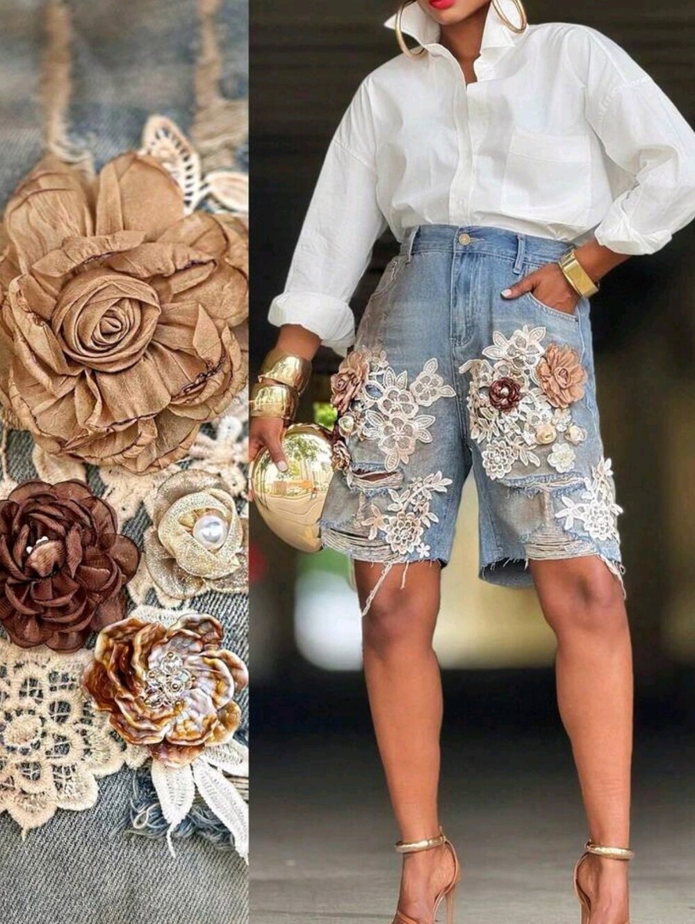 Women's Light Blue Denim Distressed Shorts - 3D Lace Flower - Picture 3 of 8
